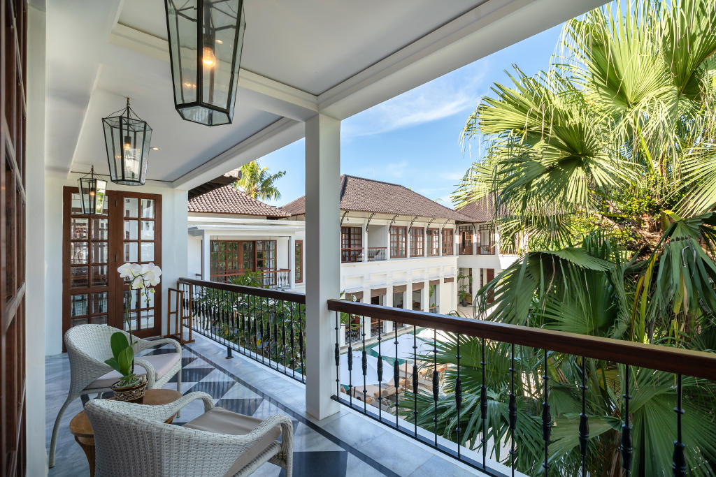 balcony area with pool view